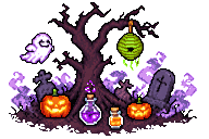A haunted grove with a glowing cursed hive, pumpkins and a little ghost