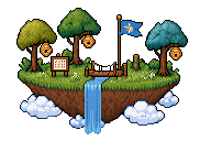 A floating island with three trees, hives and a guild flag